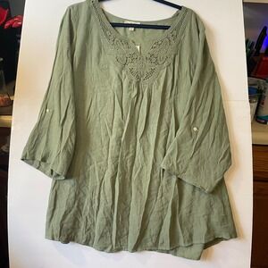 Como Blu Sage Green Crochet Lace V-Neck Roll Tab Sleeve Top 3X New NWT